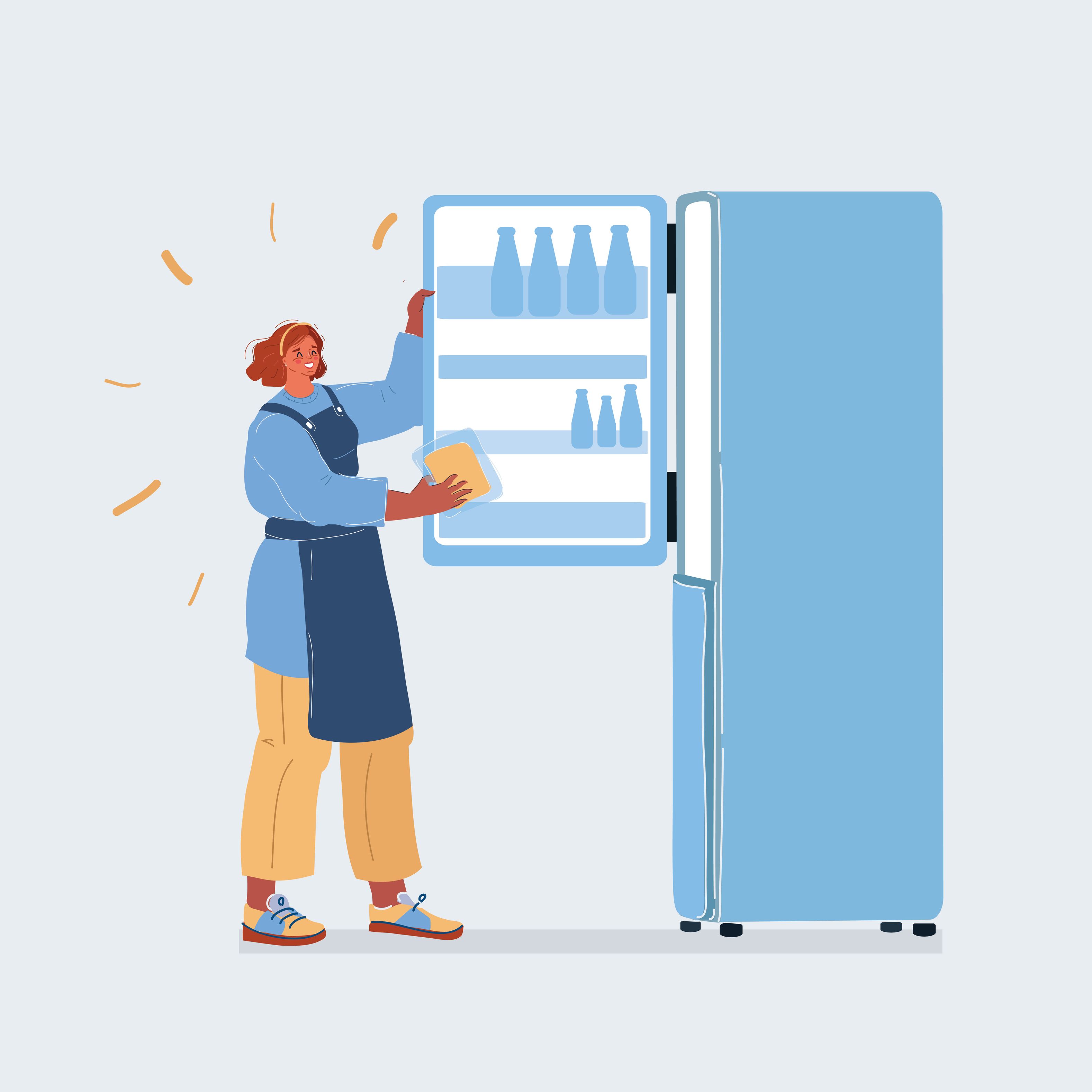 Illustration von Frau, die Kühlschrank putzt