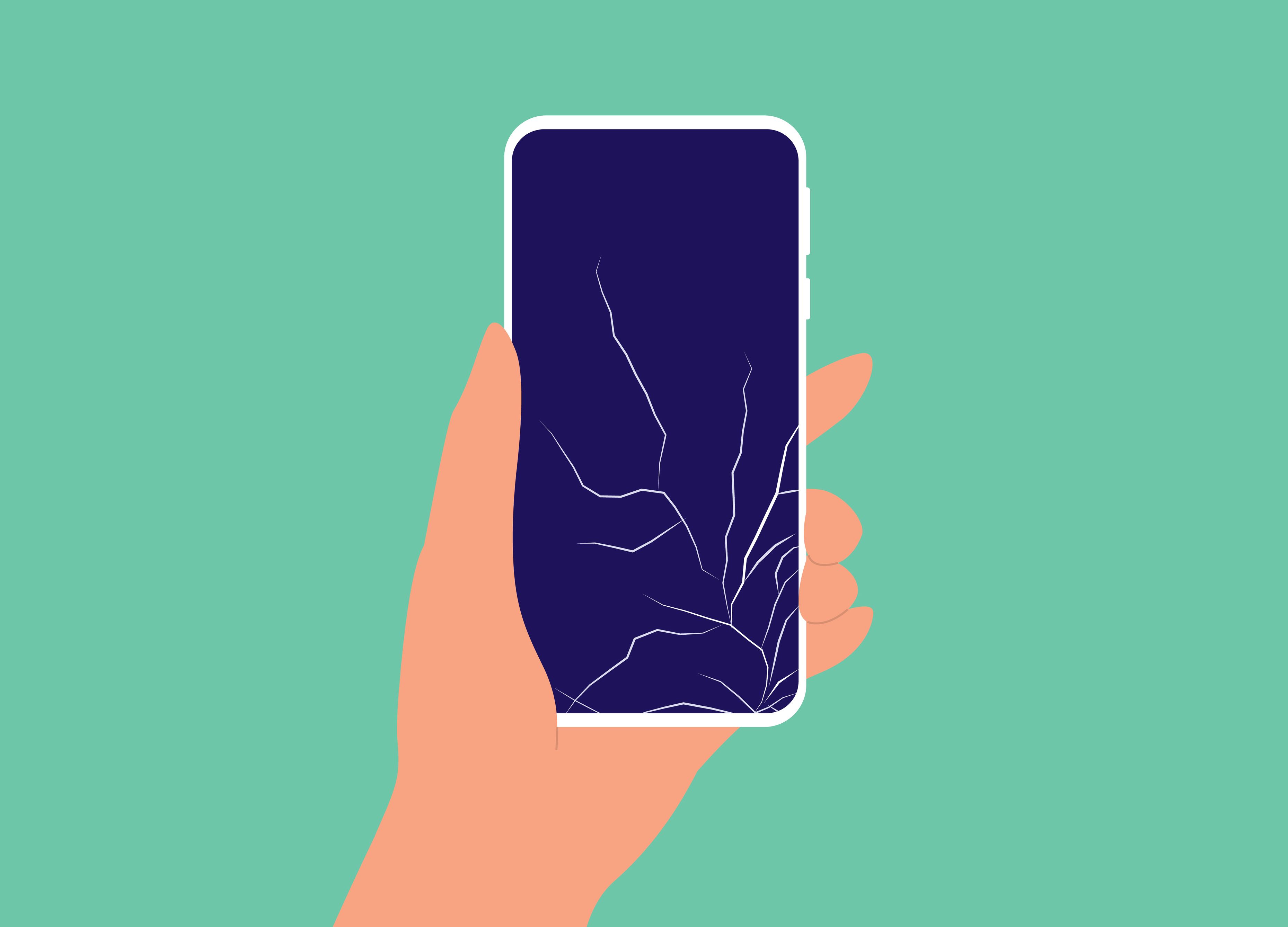 Illustration von einer Hand, die ein kaputtes Smartphone in der Hand hält