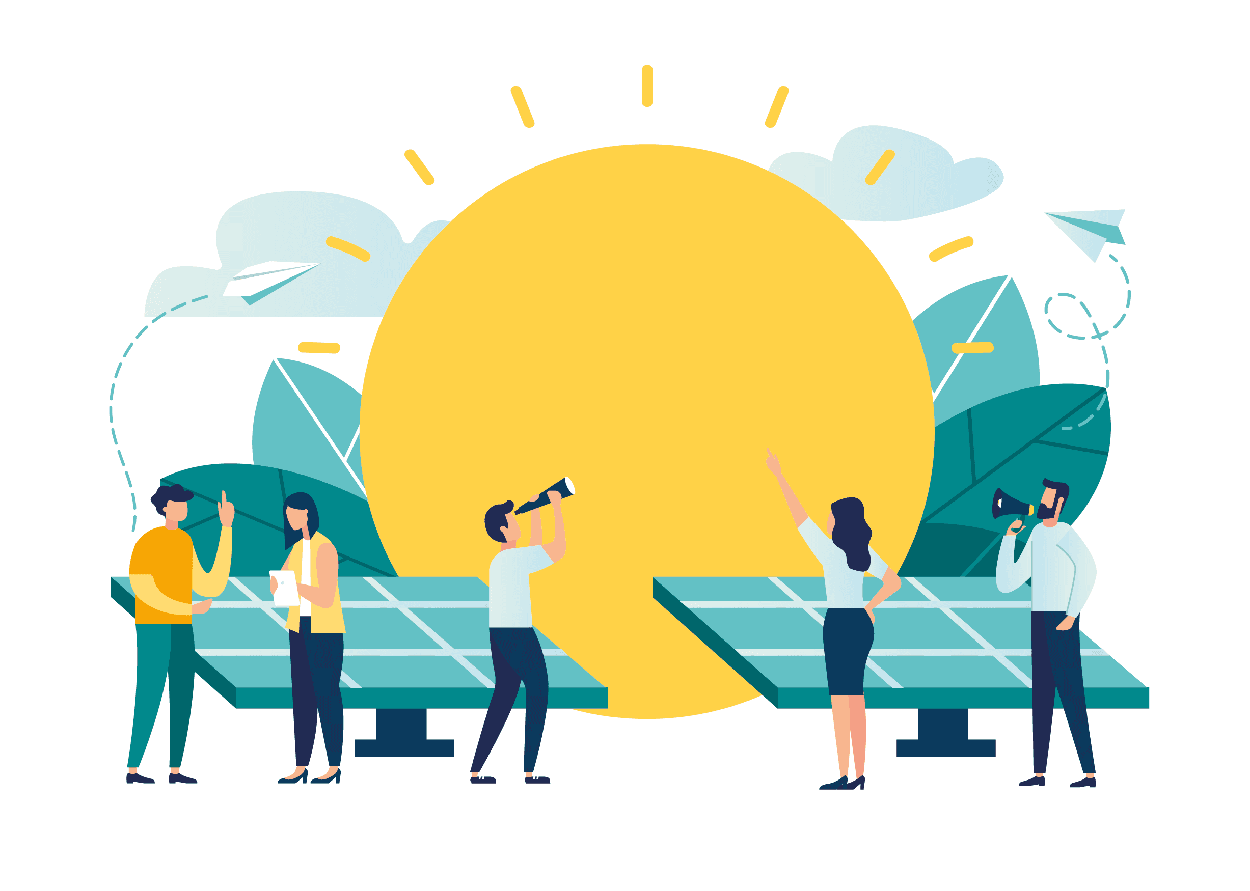 Illustration von Menschen und einer Sonne und PV-Anlage